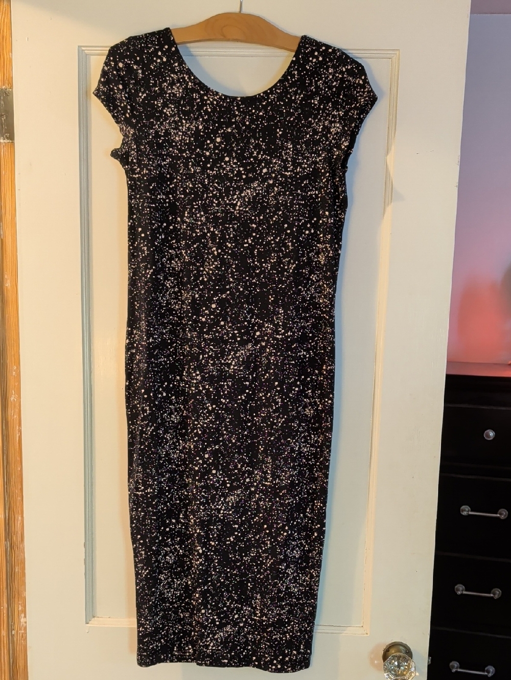 NWOT H&M Black Speckled Midi Dress with Cap Sleeves, Sz M